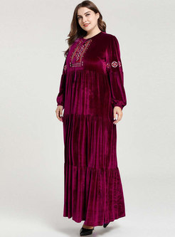 Lantern Sleeve Embroidered Velvet Maxi Dress