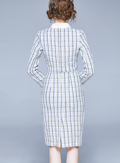 Long Sleeve Plaid Patchwork Bodycon Suit Dress