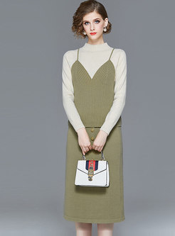 Color-blocked Patchwork Sweater & Knit Skirt