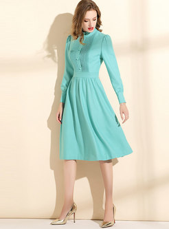 Solid Color Mock Neck Pleated Thick Skater Dress