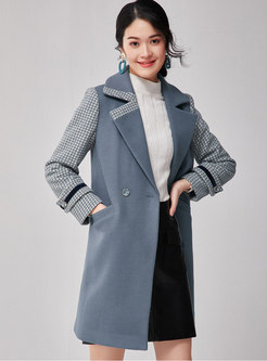 Turn Down Collar Patchwork Straight Wool Blend Peacoat
