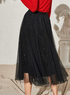 Black Velvet Sequined Mesh Long Skirt