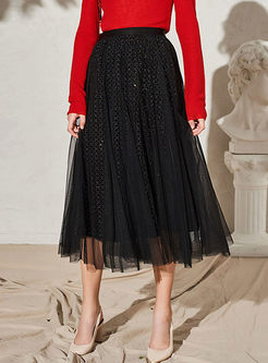 Black Velvet Sequined Mesh Long Skirt
