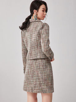Notched Slim Plaid Wool Blended Skirt Suit