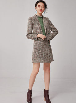 Notched Slim Plaid Wool Blended Skirt Suit