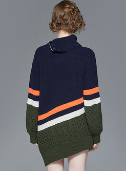 Turtleneck Color-blocked Loose Tunic Sweater