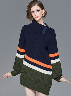 Turtleneck Color-blocked Loose Tunic Sweater