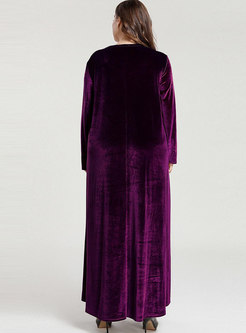 Plus Size O-neck Embroidered Velvet Maxi Dress