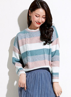 Crew Neck Muti-color Striped Knit Sweater