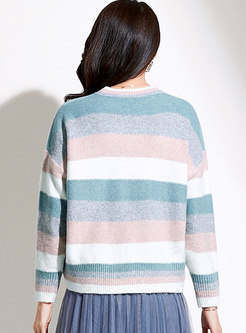 Crew Neck Muti-color Striped Knit Sweater