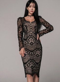 V-neck Lace Openwork Bodycon Fromal Dress
