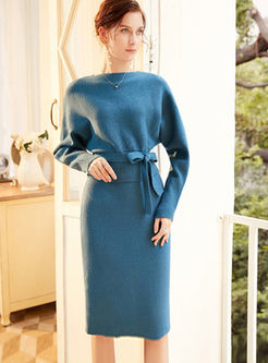 Solid Color Bat Sleeve Sweater Skirt Suit