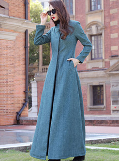 Solid Color A Line Long Wool Blend Overcoat
