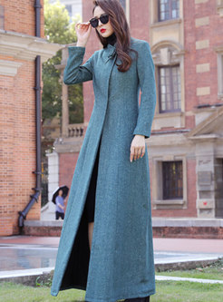 Solid Color A Line Long Wool Blend Overcoat