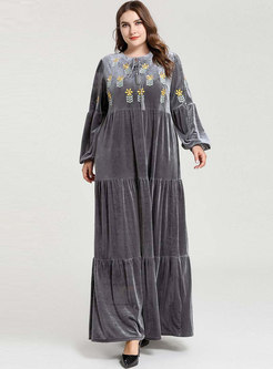 Plus Size Embroidered Pleated Maxi Dress