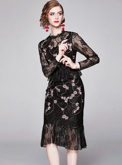 Black Long Sleeve Lace Peplum Bodycon Dress