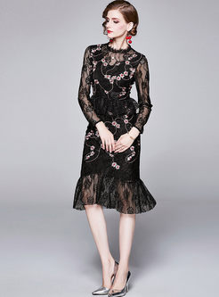 Black Long Sleeve Lace Peplum Bodycon Dress