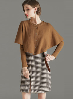 Patchwork Shawl Knit TOP & Plaid Pencil Skirt