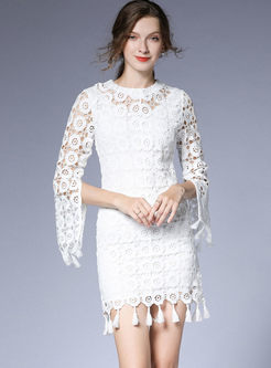 White Openwork Fringed Lace Mini Dress