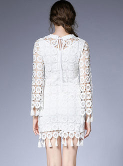 White Openwork Fringed Lace Mini Dress