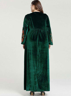 Plus Size Velvet Embroidered Long Dress