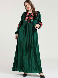 Plus Size Velvet Embroidered Long Dress