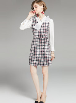 Tweed Patchwork Bowknot A Line Dress