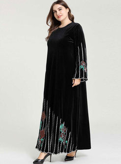 Plus Size Striped Embroidered Maxi Dress