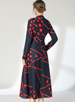 V-neck Print Color-blocked Waist Maxi Dress