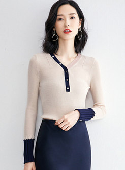 V-neck Color-blocked Patchwork Slim Sweater