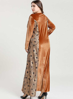 Plus Size Jacquard Patchwork Velvet Maxi Dress