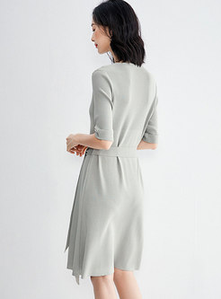 V-neck Single-breasted A Line Sweater Dress