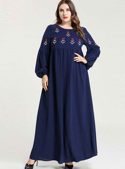 Blue Plus Size Embroidered Maxi Dress