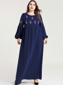 Blue Plus Size Embroidered Maxi Dress