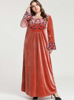 Plus Size Flare Sleeve Embroidered Velvet Maxi Dress