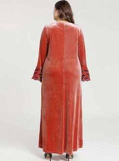 Plus Size Flare Sleeve Embroidered Velvet Maxi Dress