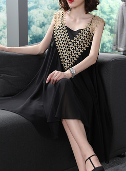 Stylish Stitching Sleeveless V-Neck Loose Dresses&Underskirt