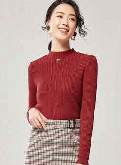 Solid Color Mock Neck Slim Pullover Sweater