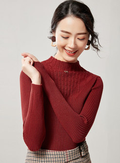 Solid Color Mock Neck Slim Pullover Sweater