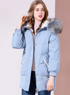Color-blocked Hooded Orolay Coat Without Fur Collar