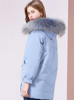 Color-blocked Hooded Orolay Coat Without Fur Collar