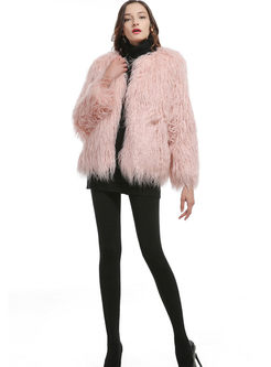 Solid Color Long Sleeve Faux Fur Coat