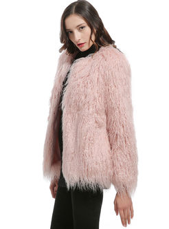 Solid Color Long Sleeve Faux Fur Coat