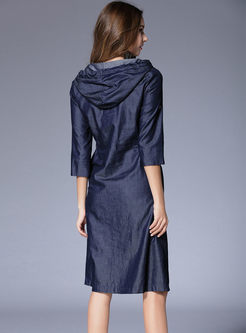 Hooded A Line Denim Dress With Pockets