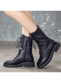 Black Leather Short Plush Mid Boots