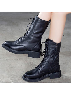 Black Leather Short Plush Mid Boots