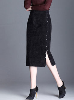 Elastic Waist Slit Slim Sweater Skirt