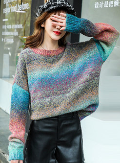 Crew Neck Bat Sleeve Color-blocked Knit Sweater