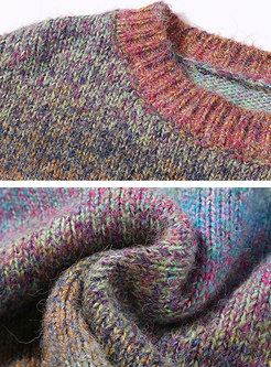 Crew Neck Bat Sleeve Color-blocked Knit Sweater