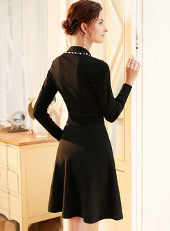 Black Long Sleeve Beading Sweater Dress